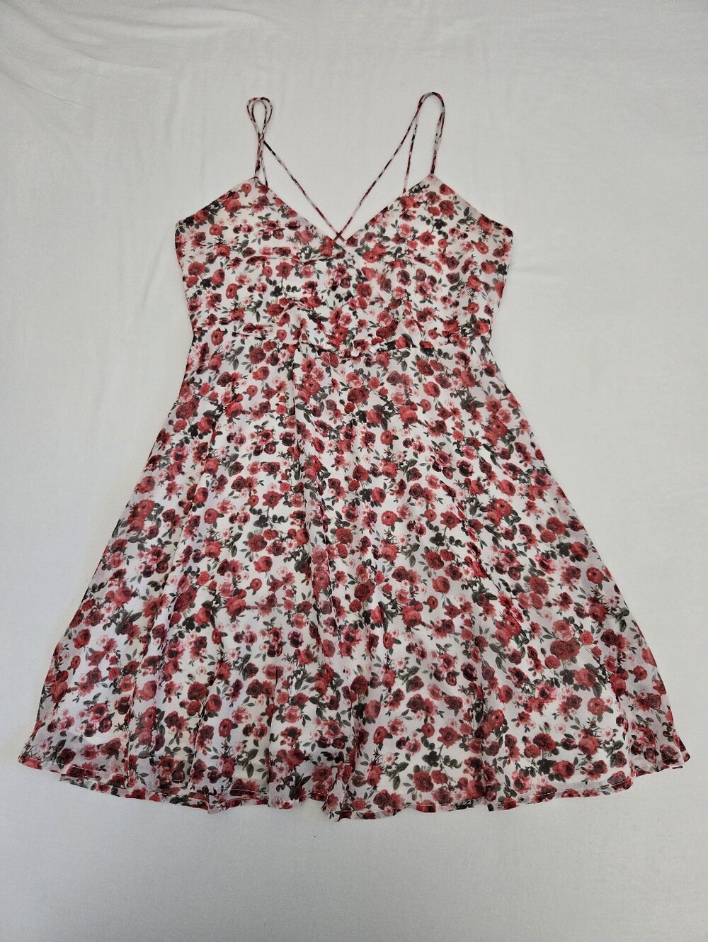 Bardot Mini Dress Sundress Red White Floral Criss Cross Straps Girly Coquette 4